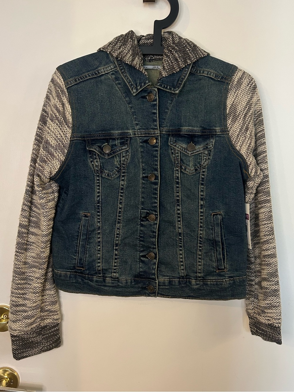 Dex Women’s Blue Denim Jacket with Gray Knit Hood & Sleeves Size M